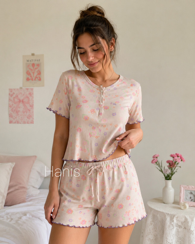 ست کراپ و شورتک کبریتی یقه هفت دکمهدار چیندار برند ZARA