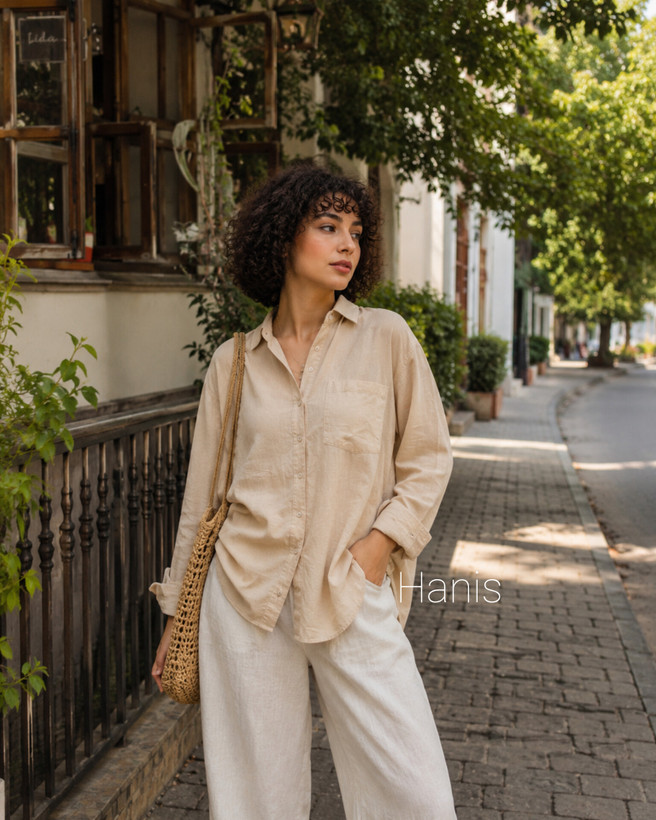 شومیز مانتویی لنین ساده کرمی بنگلادشی وارداتی