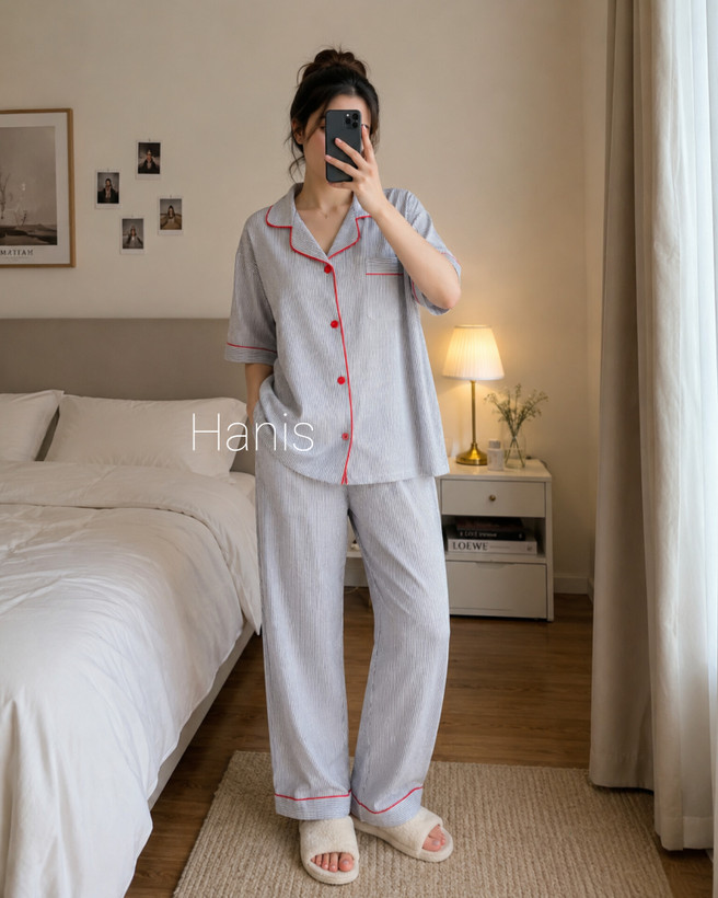 ست راحتی تیشرت و شلوار نخی دکمه دار راه راه وارداتی